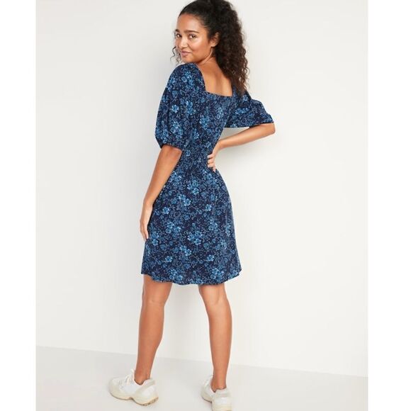 Old Navy Puff-Sleeve Waist-Defined Floral-Print Smocked Mini Dress Size XS - Picture 2 of 9